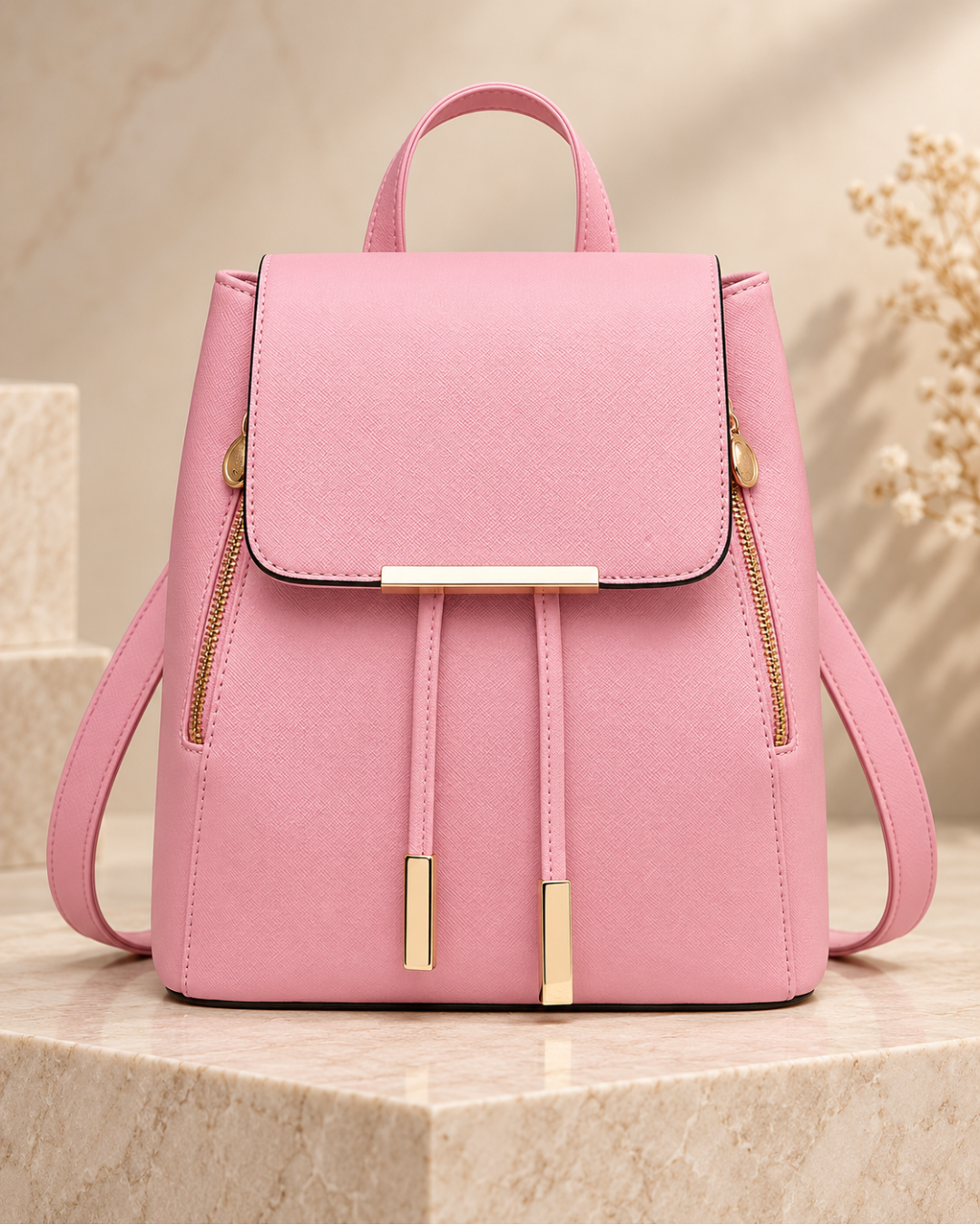 Elegant Structured Backpack with Gold-Tone Hardware & Side Zip Details