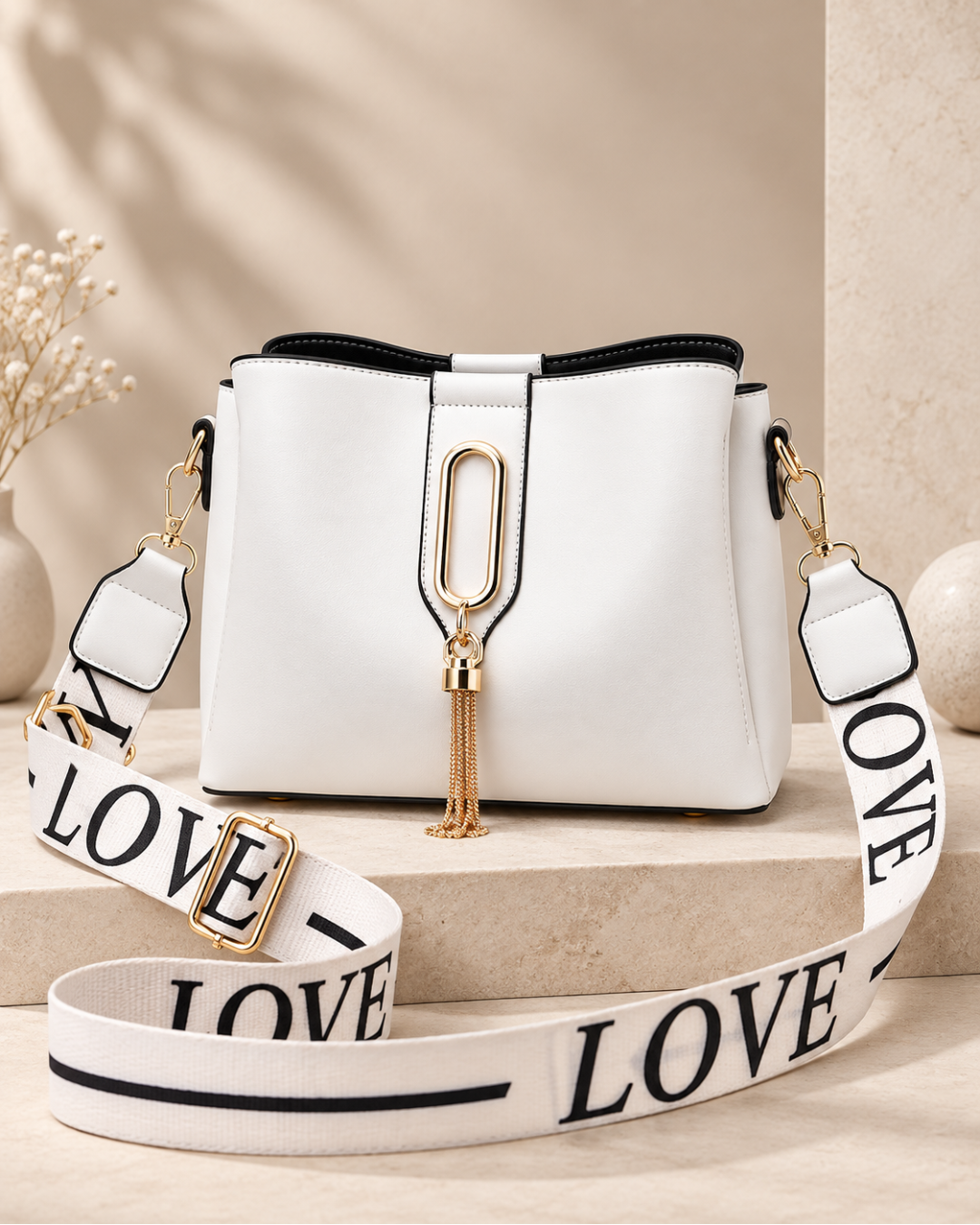 Elegant Structured Shoulder Bag with Gold Tassel & Wide Statement Strap