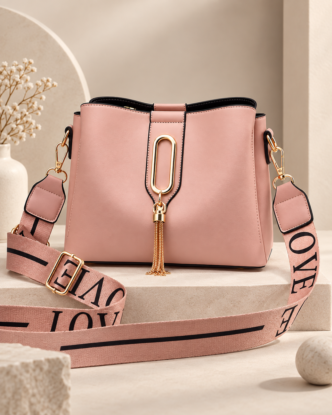 Elegant Structured Shoulder Bag with Gold Tassel & Wide Statement Strap
