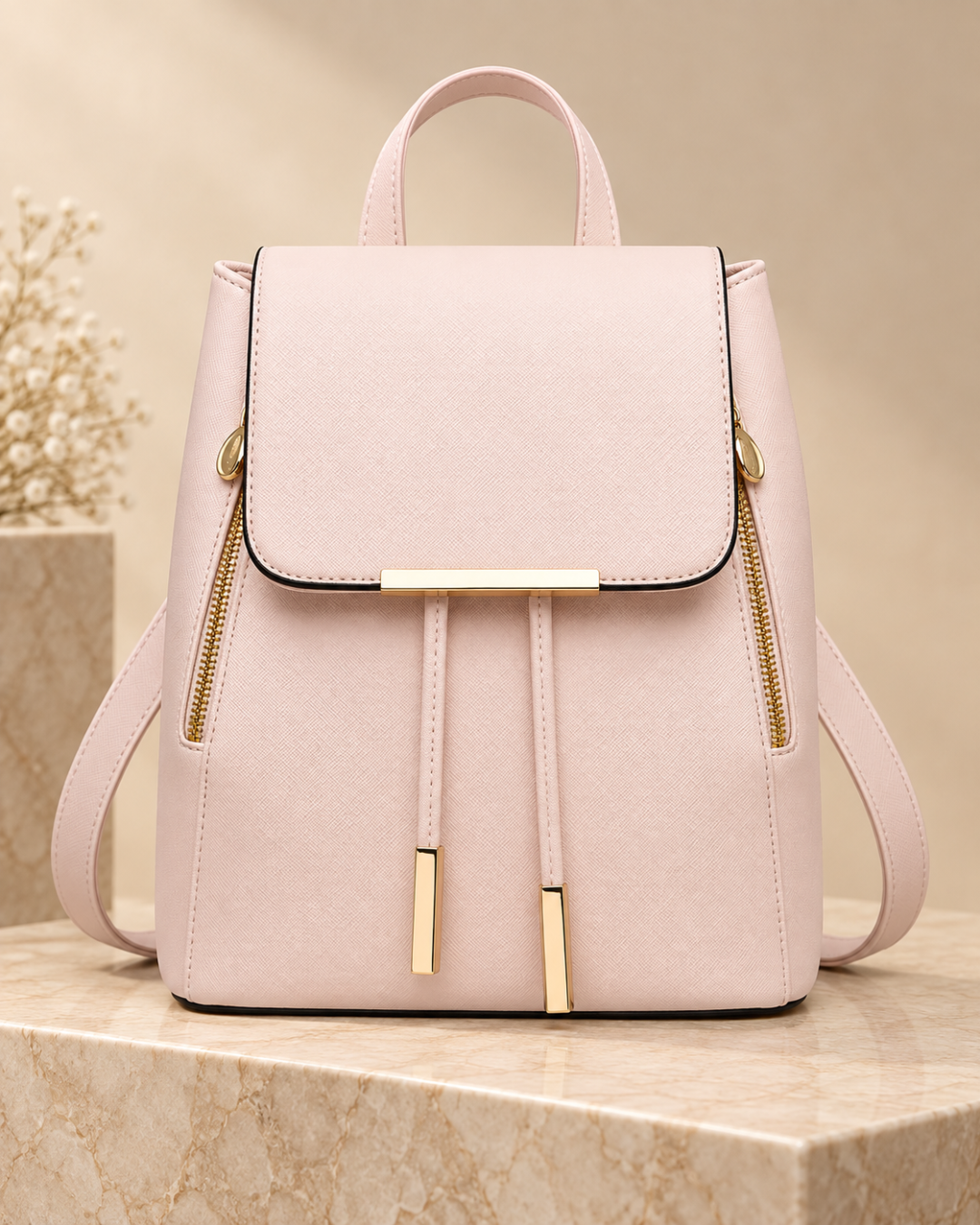 Elegant Structured Backpack with Gold-Tone Hardware & Side Zip Details