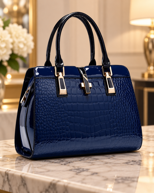 Glossy Croc-Embossed Structured Handbag with Gold-Tone Hardware