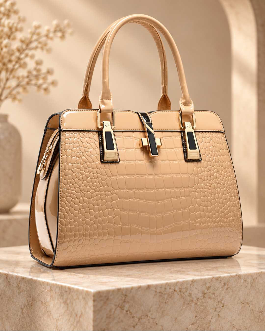 Glossy Croc-Embossed Structured Handbag with Gold-Tone Hardware