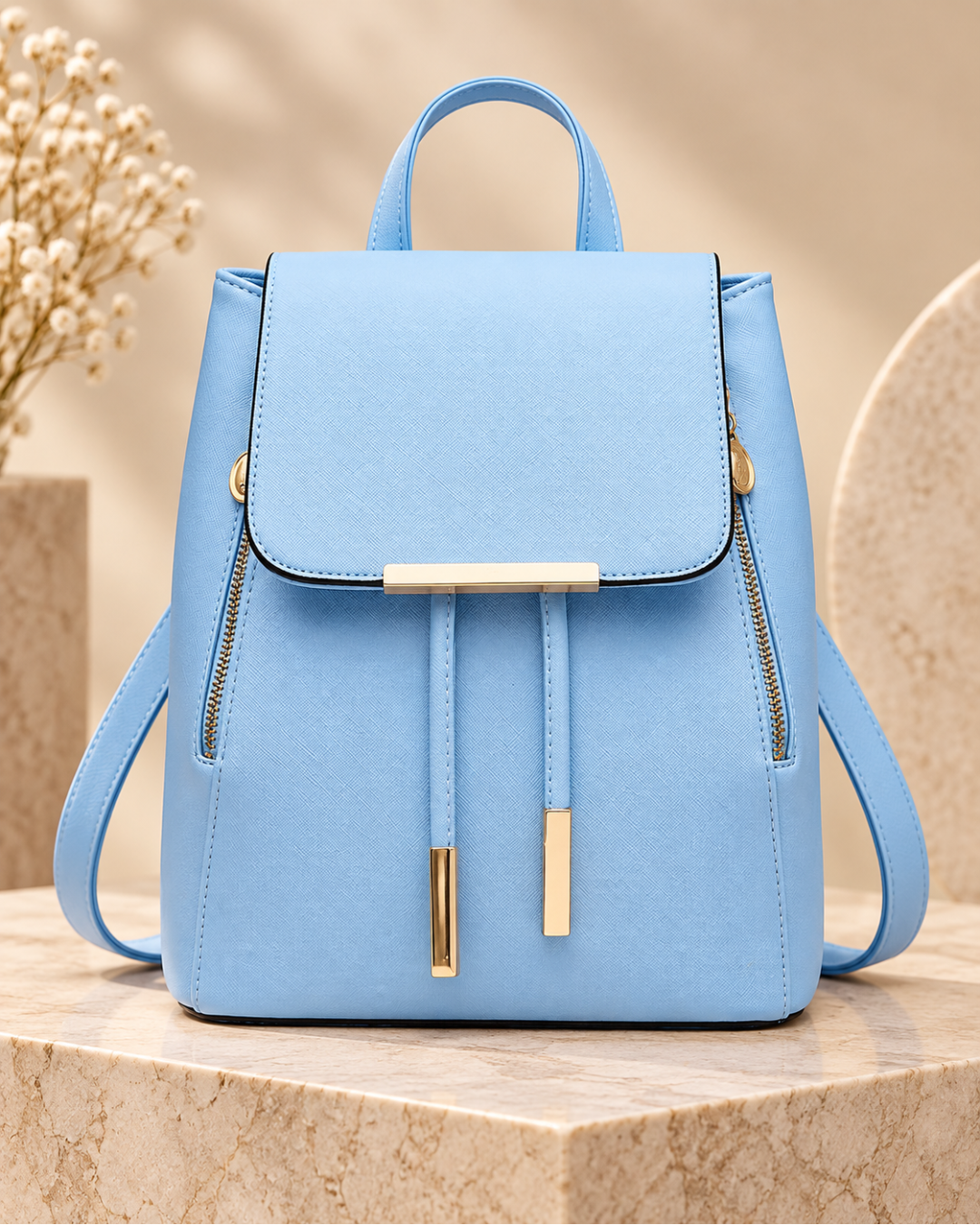 Elegant Structured Backpack with Gold-Tone Hardware & Side Zip Details