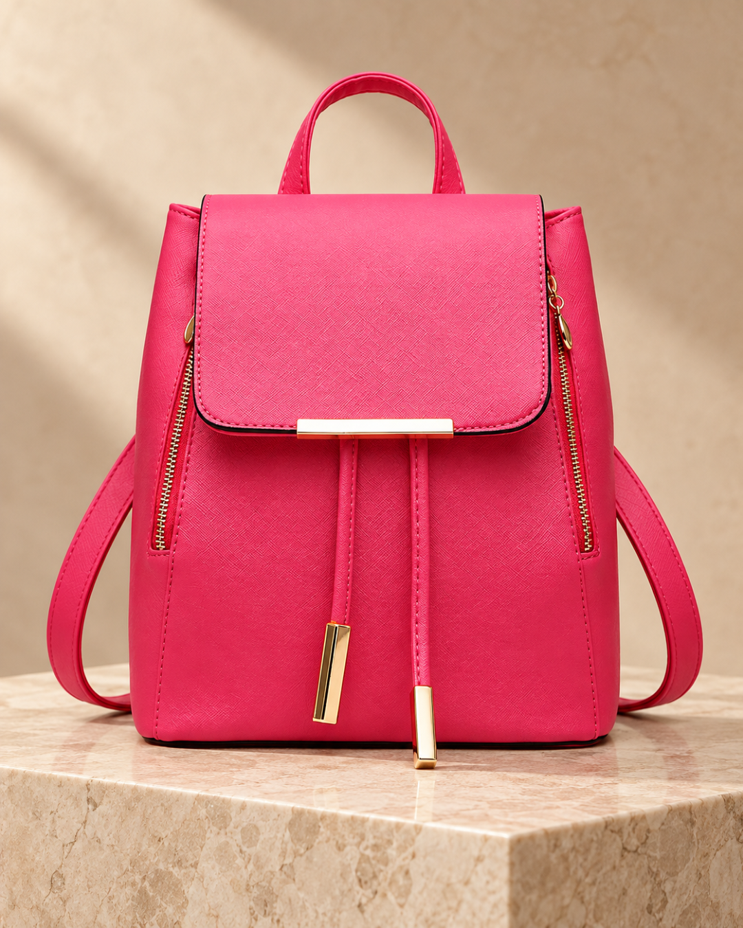 Elegant Structured Backpack with Gold-Tone Hardware & Side Zip Details