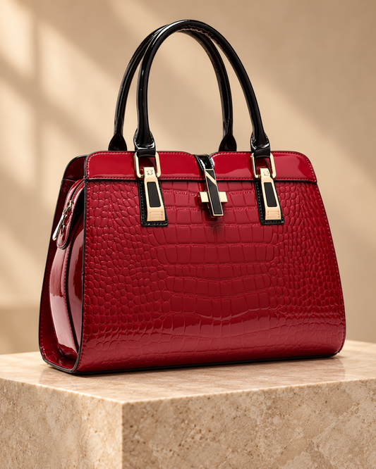 Glossy Croc-Embossed Structured Handbag with Gold-Tone Hardware