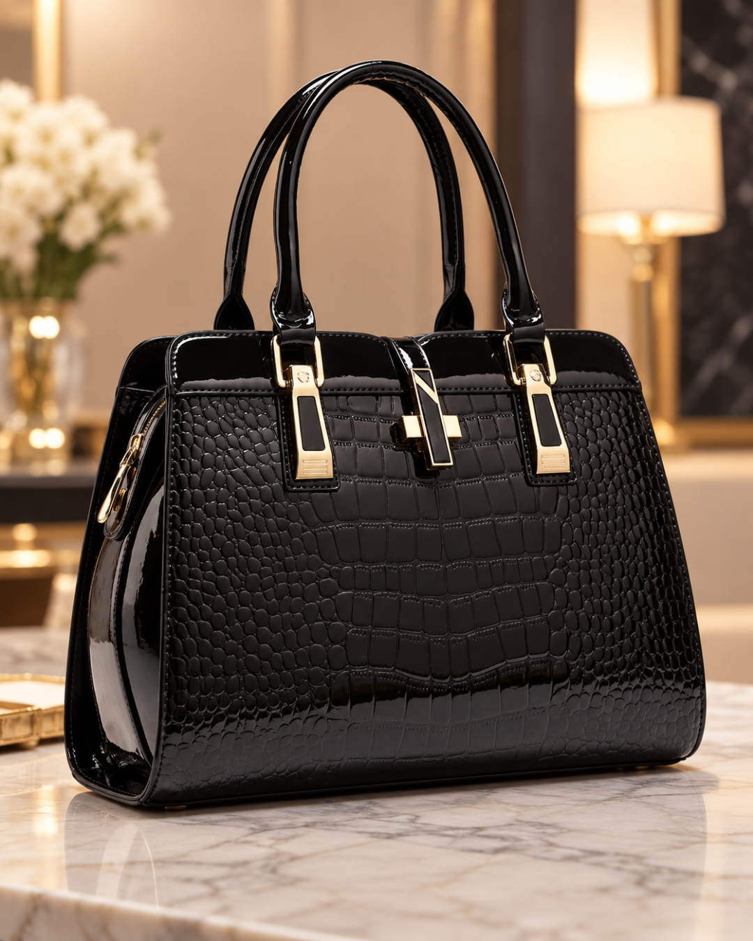 Glossy Croc-Embossed Structured Handbag with Gold-Tone Hardware
