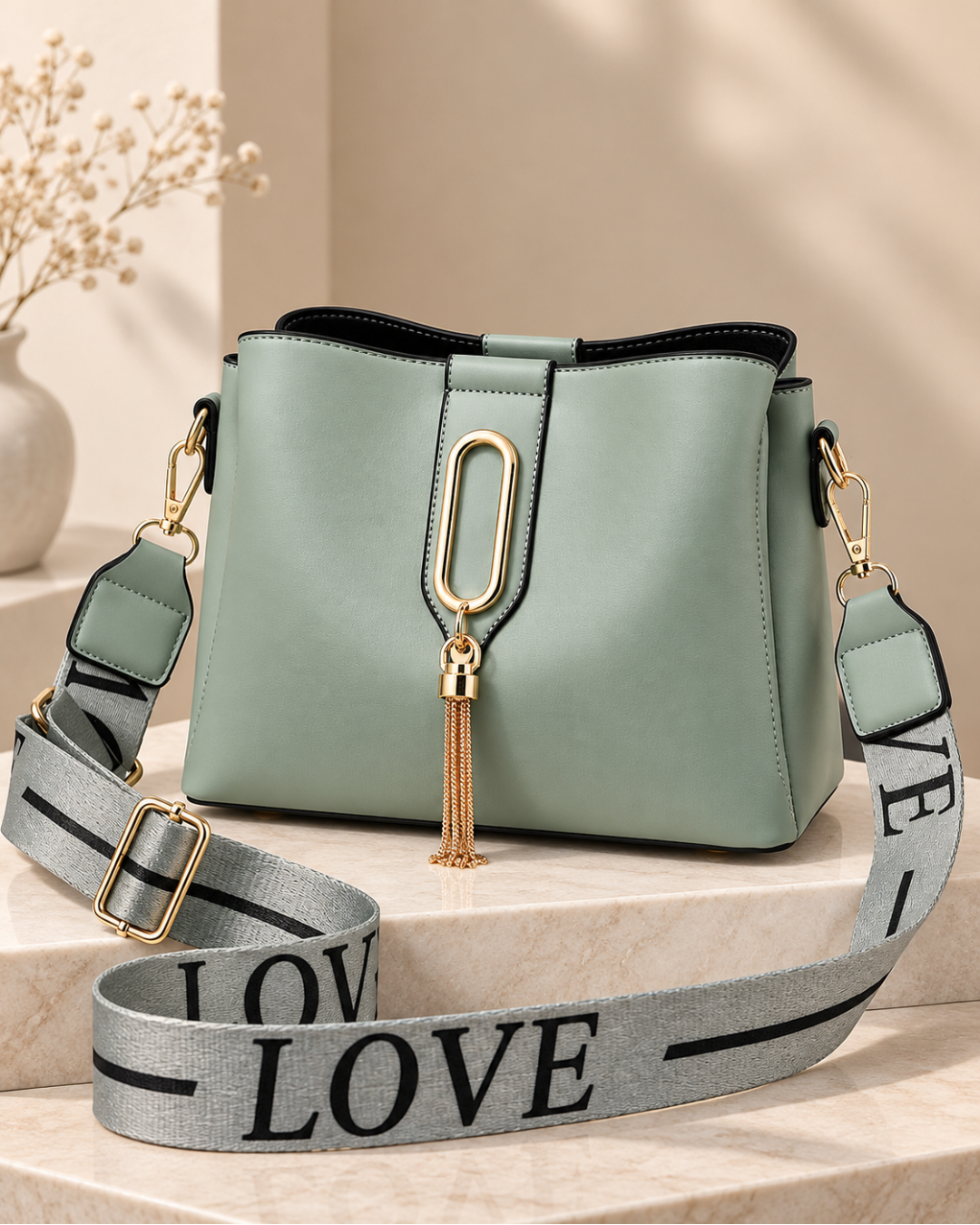Elegant Structured Shoulder Bag with Gold Tassel & Wide Statement Strap
