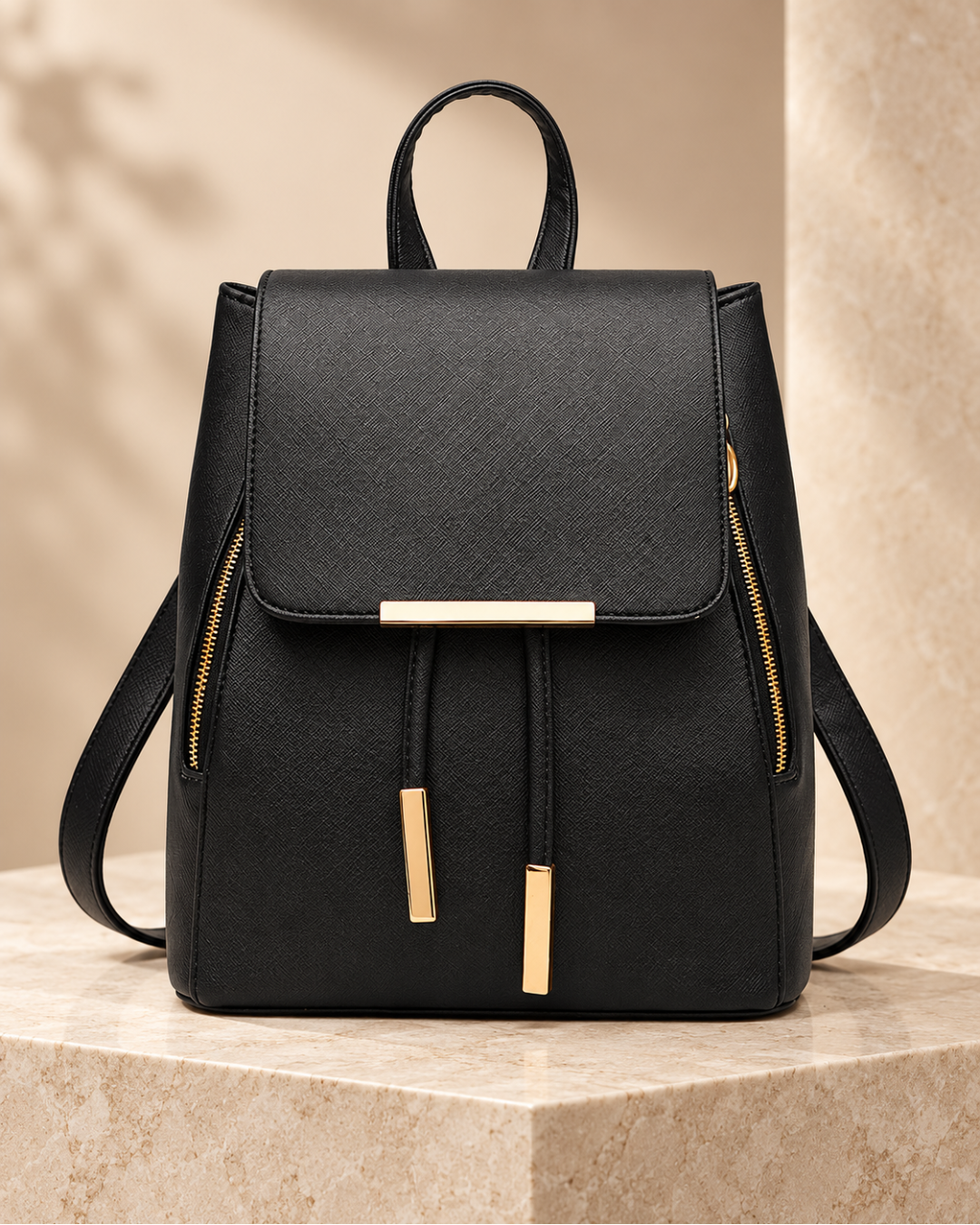 Elegant Structured Backpack with Gold-Tone Hardware & Side Zip Details