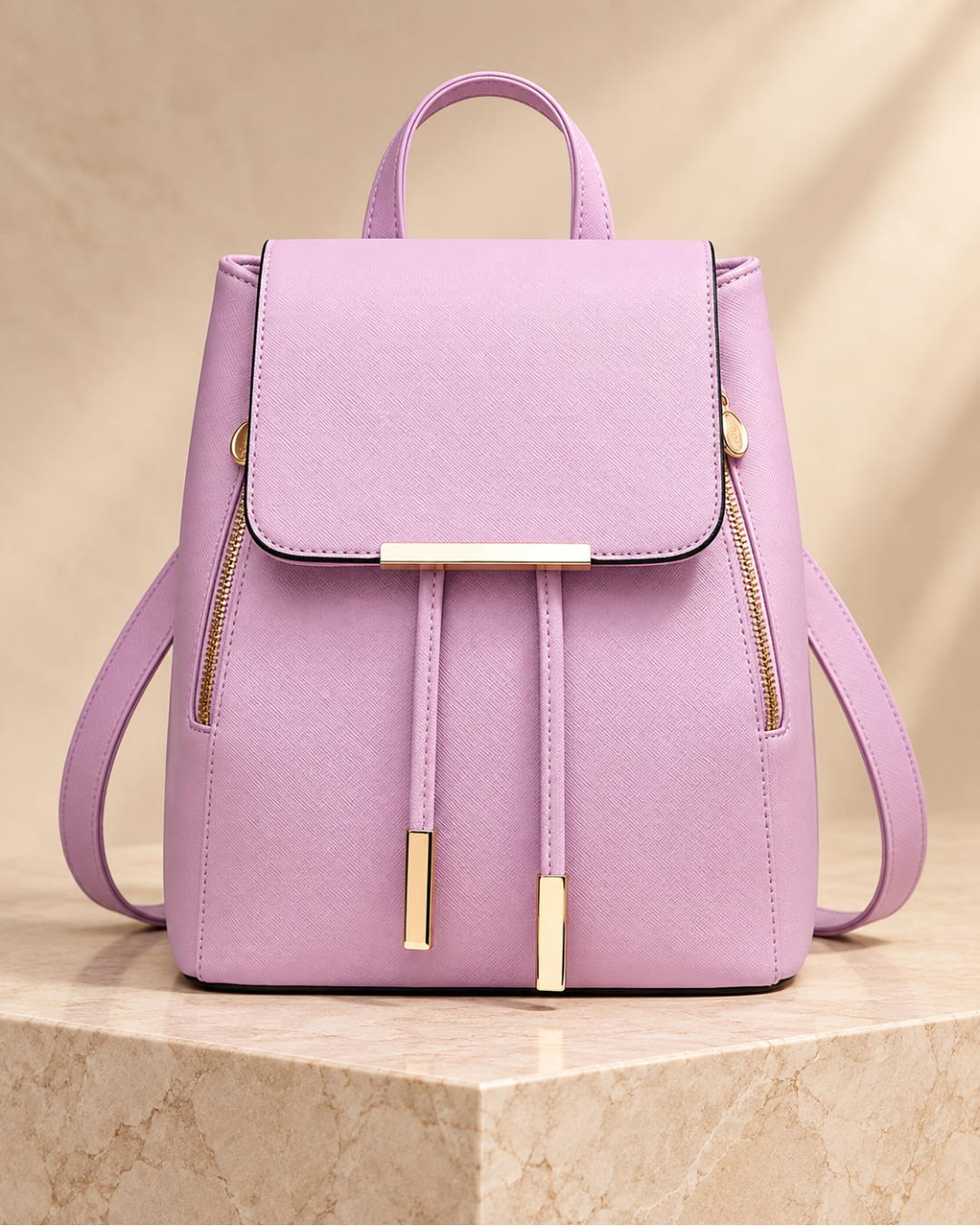 Elegant Structured Backpack with Gold-Tone Hardware & Side Zip Details