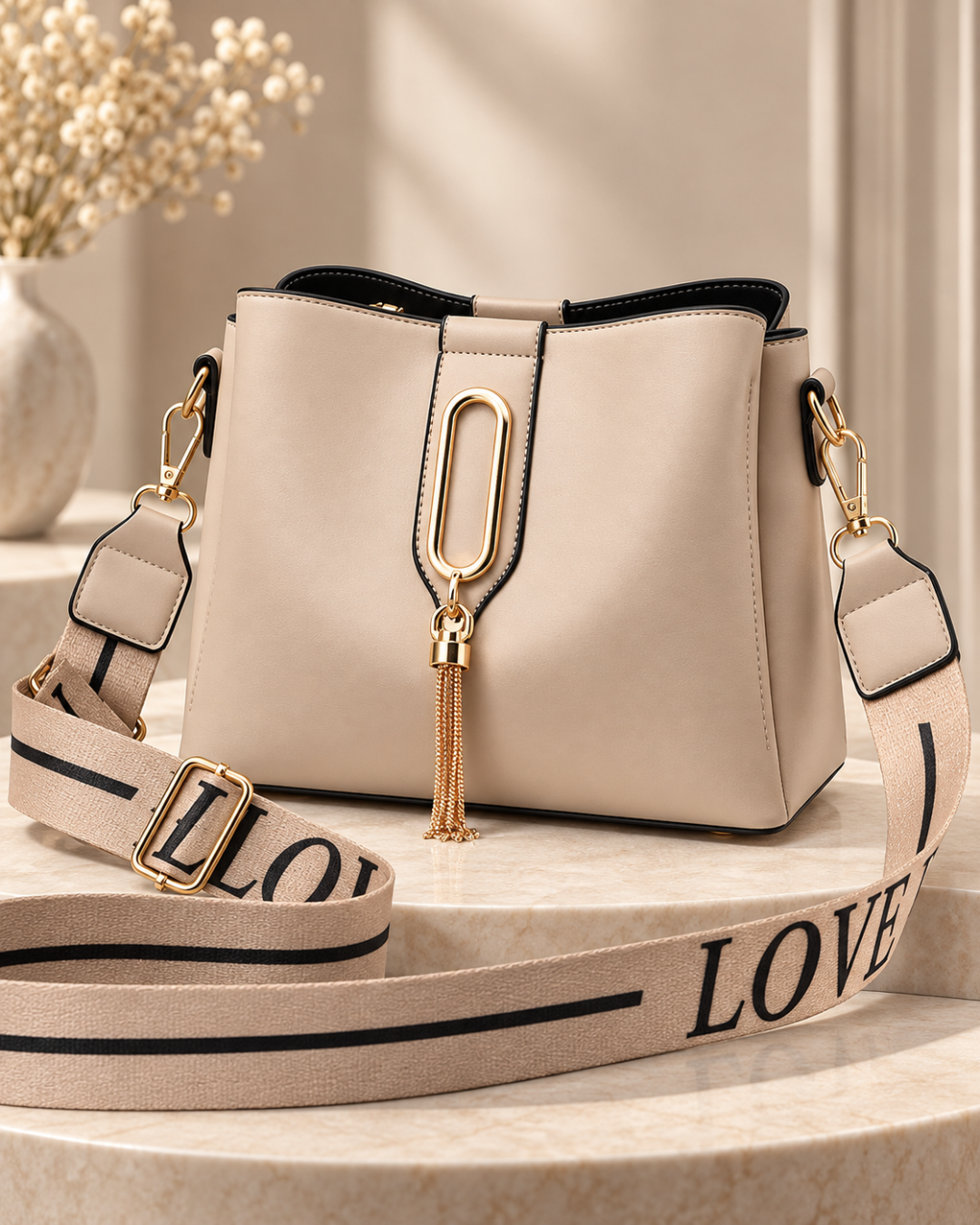 Elegant Structured Shoulder Bag with Gold Tassel & Wide Statement Strap